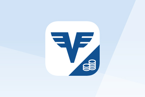 Blauer Hintergrund mit eingebettetem Volksbank-Logo und Münzen als Symbol für Zahlungsverkehr und banking.
